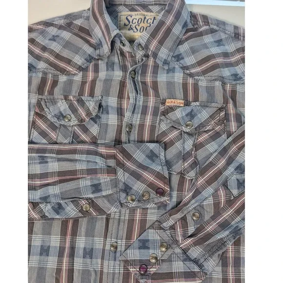 Scotch & Soda Western Shirt Mens S Blue Plaid Pearl Snap Long Sleeve Retro Vibe - Picture 4 of 7